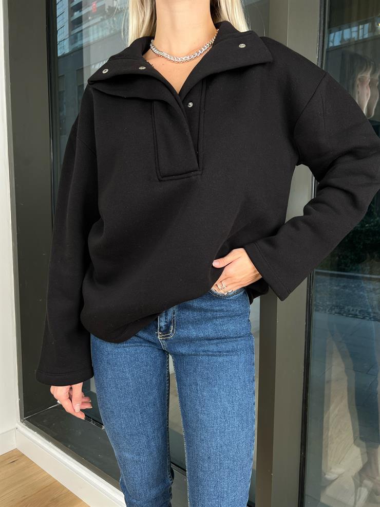 Önü Çıtçıt Detaylı Julieta Kadın Siyah Sweatshirt 24k000049