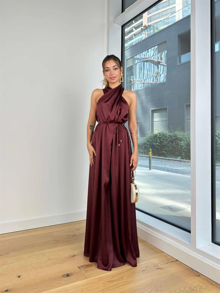 Boyundan Çapraz Görünümlü Belden Bağcıklı Julija Kadın Bordo Saten Tulum 25K033