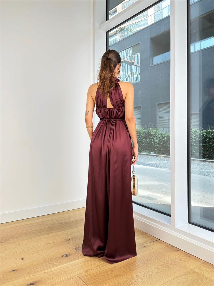 Boyundan Çapraz Görünümlü Belden Bağcıklı Julija Kadın Bordo Saten Tulum 25K033