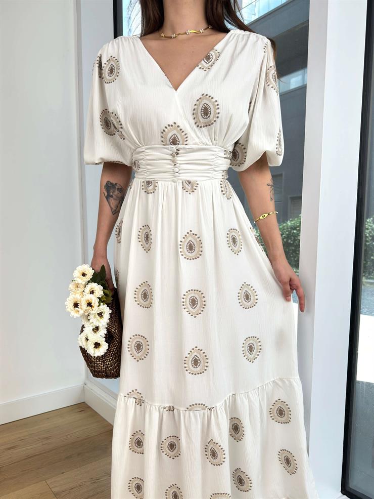 Kruvaze Yaka Balon Kol Beli Drapeli Ve Düğme Detaylı Julinho Kadın Kahve Maxi Elbise 24Y616