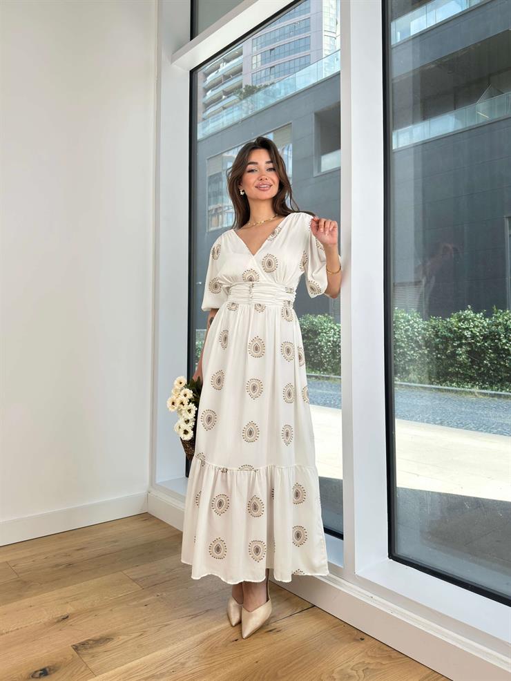 Kruvaze Yaka Balon Kol Beli Drapeli Ve Düğme Detaylı Julinho Kadın Kahve Maxi Elbise 24Y616