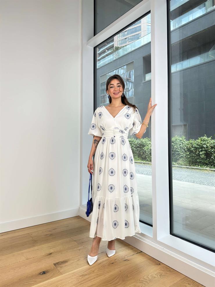 Kruvaze Yaka Balon Kol Beli Drapeli Ve Düğme Detaylı Julinho Kadın İndigo Maxi Elbise 24Y616