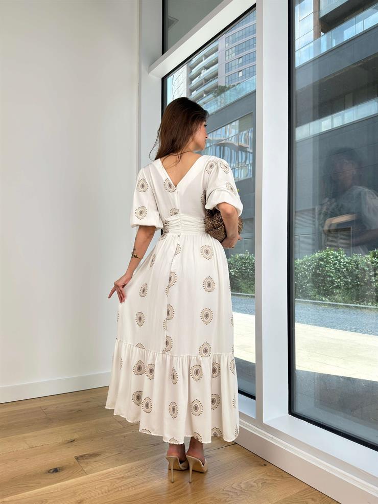 Kruvaze Yaka Balon Kol Beli Drapeli Ve Düğme Detaylı Julinho Kadın Kahve Maxi Elbise 24Y616