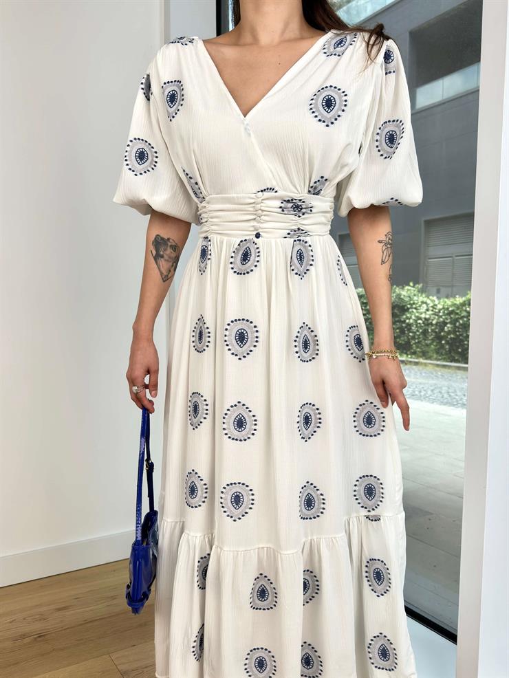 Kruvaze Yaka Balon Kol Beli Drapeli Ve Düğme Detaylı Julinho Kadın İndigo Maxi Elbise 24Y616