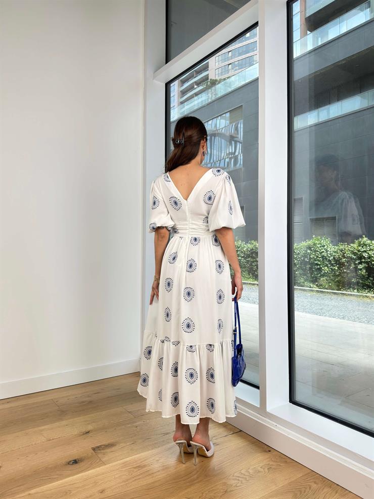 Kruvaze Yaka Balon Kol Beli Drapeli Ve Düğme Detaylı Julinho Kadın İndigo Maxi Elbise 24Y616