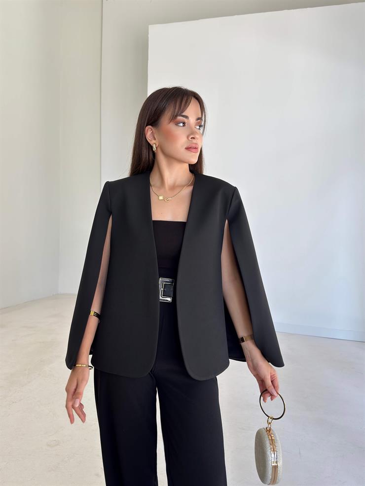 Omzu Vatkalı Jully Kadın Siyah Pelerin Ceket 26K024