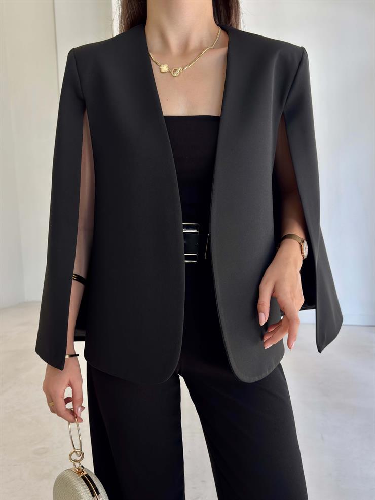 Omzu Vatkalı Jully Kadın Siyah Pelerin Ceket 26K024