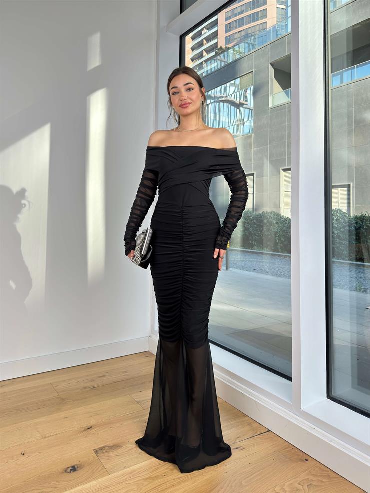 Madonna Yaka Uzun Kol Drapeli Tül Juozas Siyah Kadın Uzun Elbise 25K343