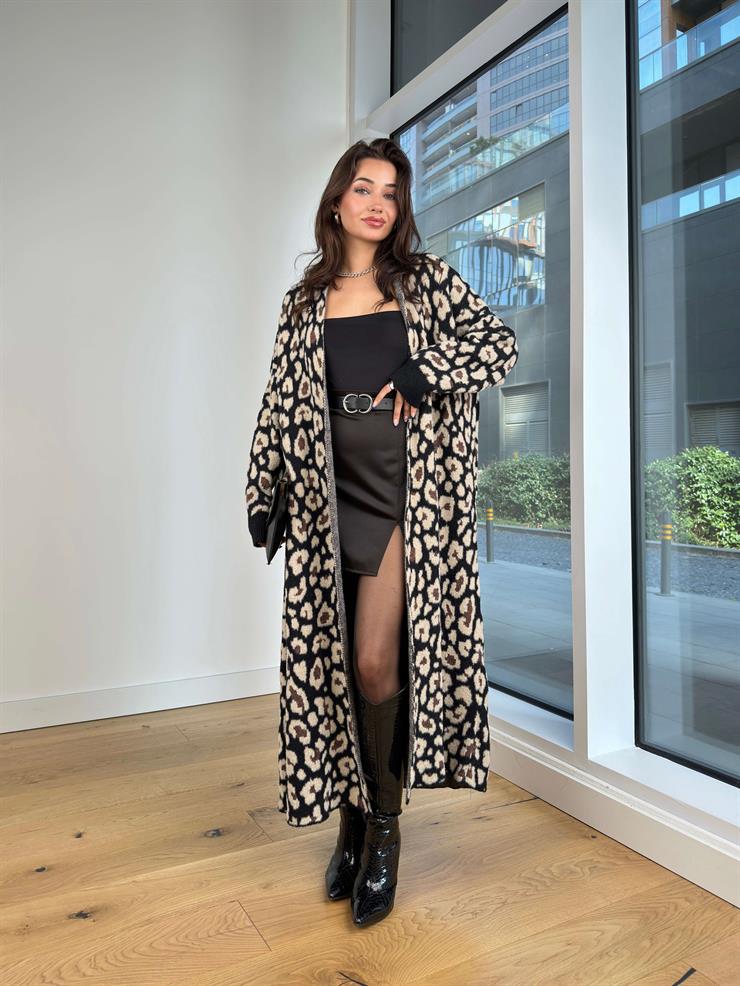 Kapamasız Desenli Juris Siyah Uzun Triko Örme Hırka 25K223