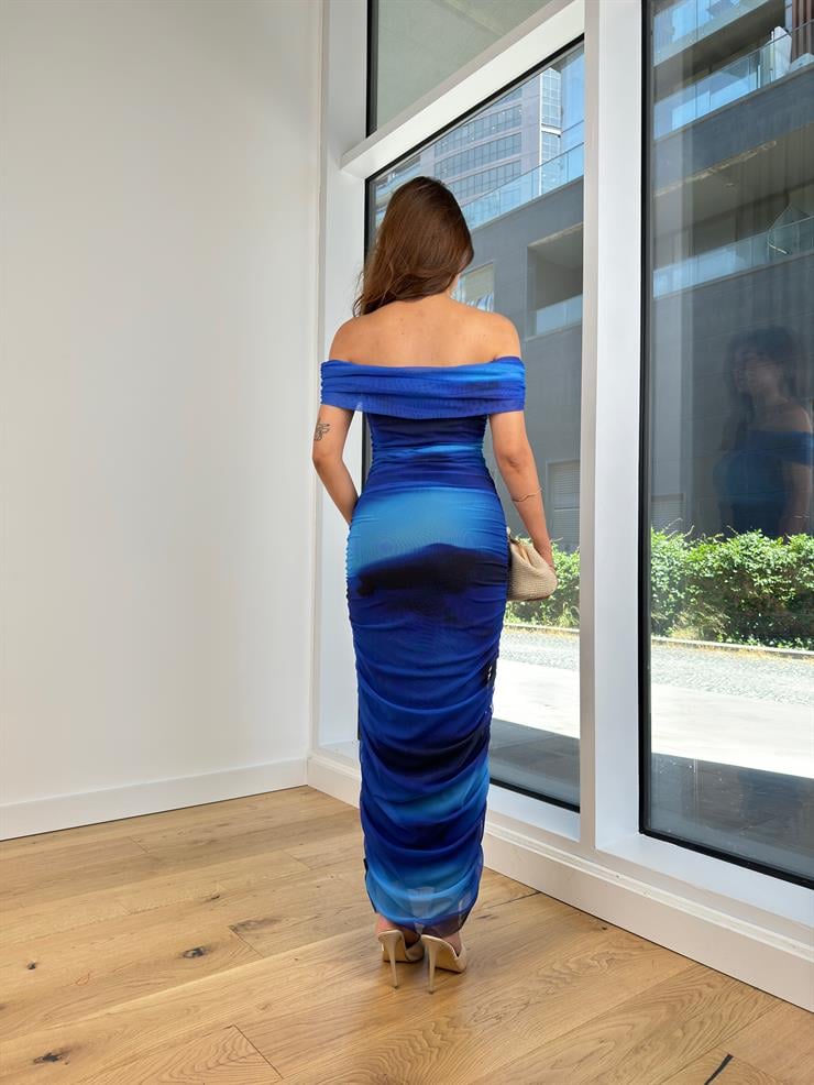 Madonna Yaka Drapeli Streç Justin Kadın Saks Desenli Elbise 24Y740