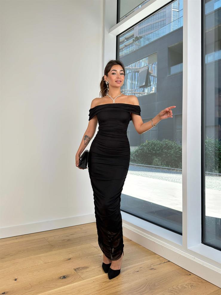 Madonna Yaka Drapeli Streç Justin Kadın Siyah Elbise 24Y740