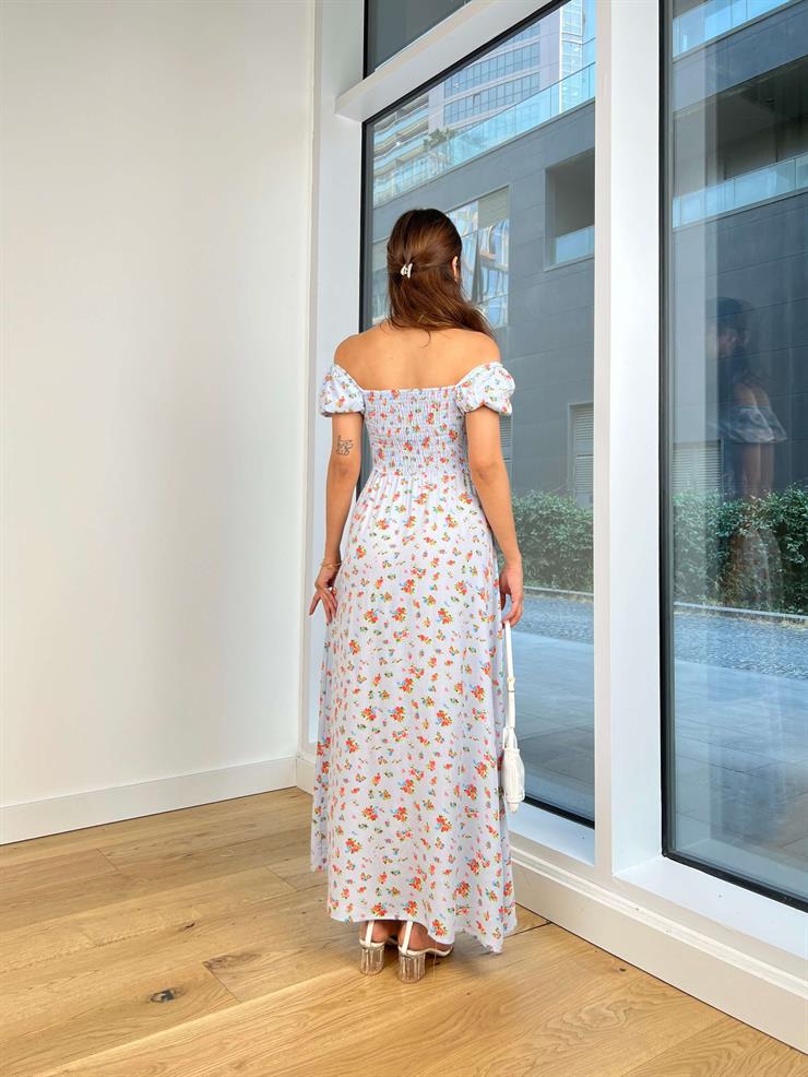 Düşük Omuz Bel Kısmı Gipeli Justina Kadın Çiçekli Mavi Uzun Elbise 24Y793