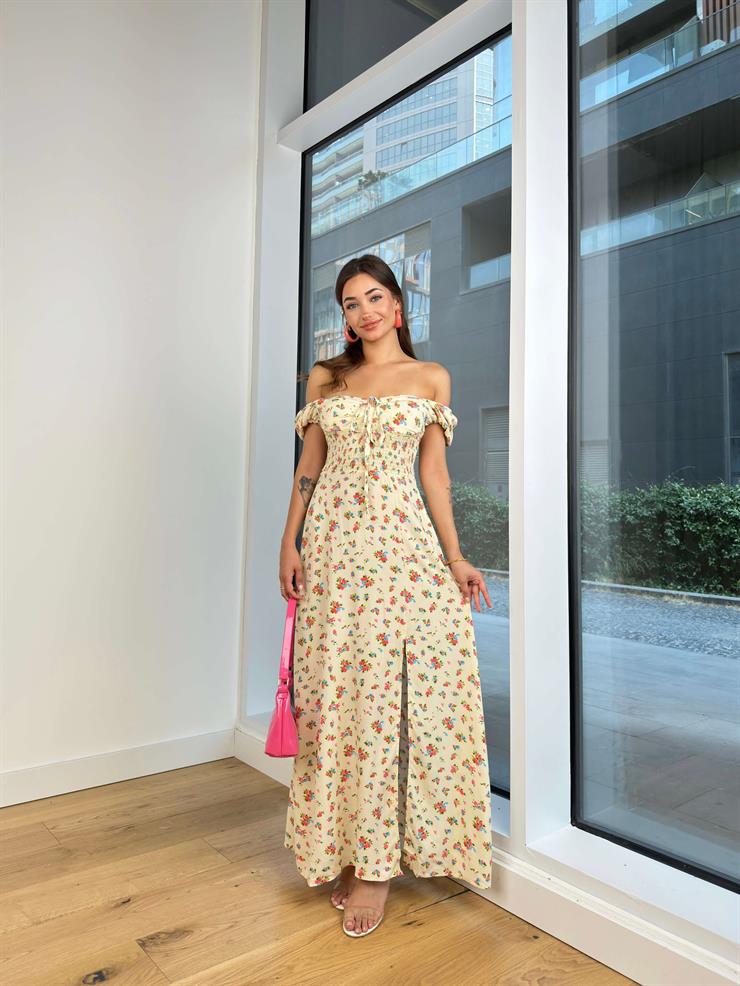 Düşük Omuz Bel Kısmı Gipeli Justina Kadın Çiçekli Taş Uzun Elbise 24Y793