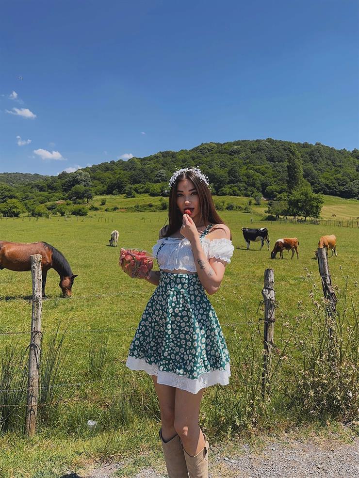 Madonna Yaka Askılı Çiçekli Juszuf Kadın Yeşil Mini Elbise 24Y641