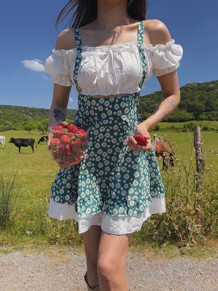 Madonna Yaka Askılı Çiçekli Juszuf Kadın Yeşil Mini Elbise 24Y641