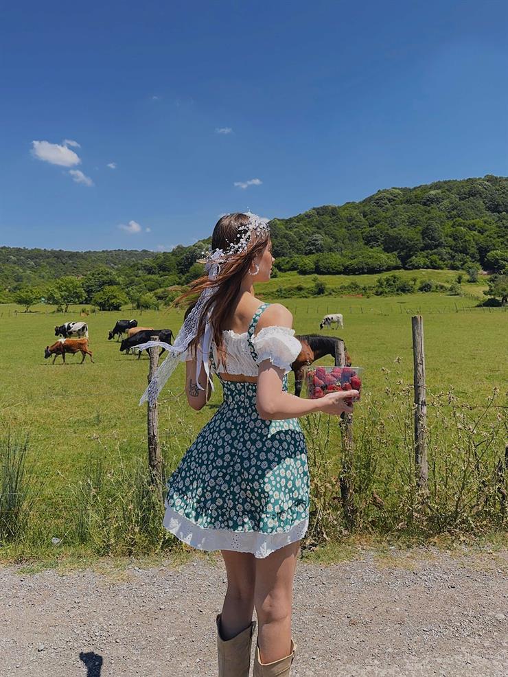 Madonna Yaka Askılı Çiçekli Juszuf Kadın Yeşil Mini Elbise 24Y641