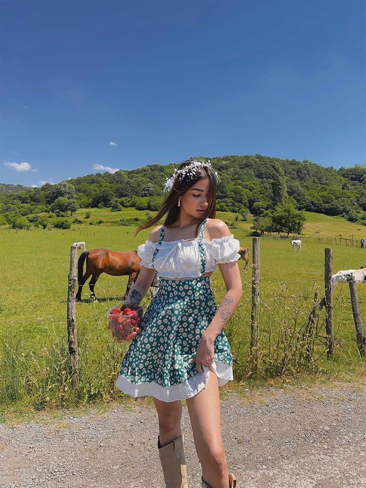 Madonna Yaka Askılı Çiçekli Juszuf Kadın Yeşil Mini Elbise 24Y641