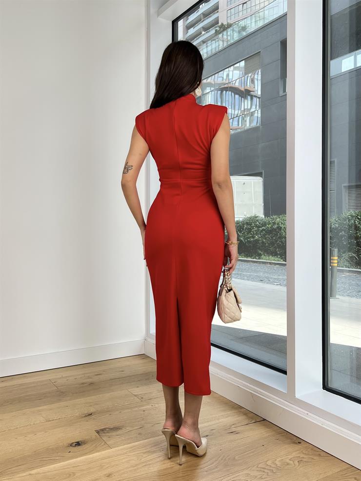Omuz Vatkalı Yarım Boğazlı Kail Kırmızı Kadın Midi Elbise 25K120