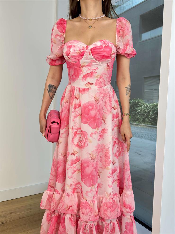 Göğüs Kısmı Drapeli Balon Kol Kailan Kadın Pembe Elbise 24Y658