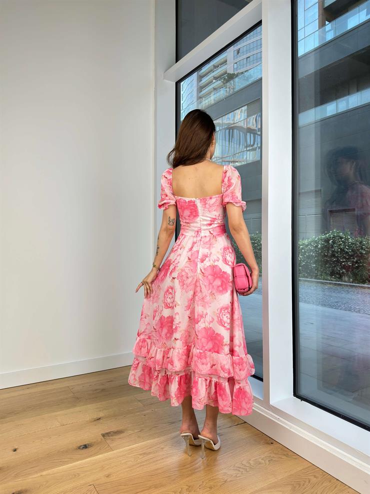 Göğüs Kısmı Drapeli Balon Kol Kailan Kadın Pembe Elbise 24Y658