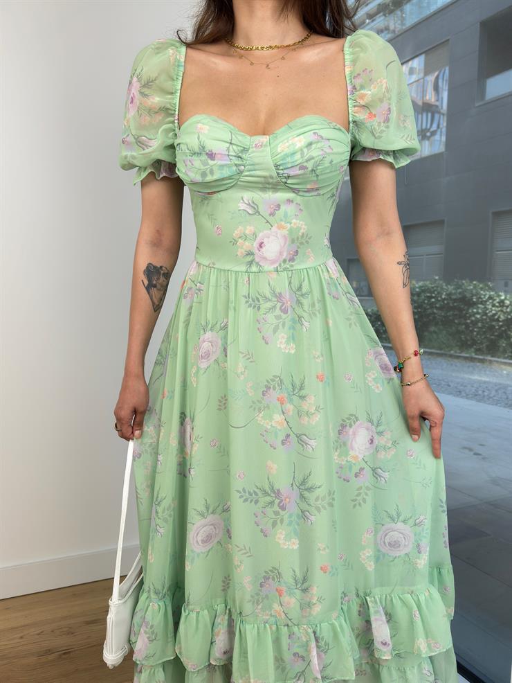 Göğüs Kısmı Drapeli Balon Kol Kailan Kadın Yeşil Elbise 24Y658