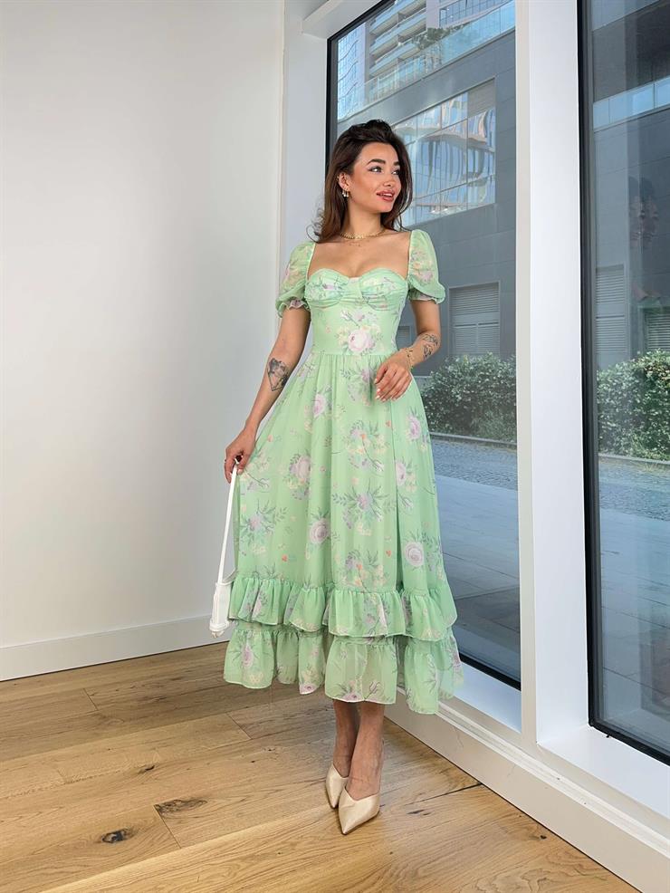 Göğüs Kısmı Drapeli Balon Kol Kailan Kadın Yeşil Elbise 24Y658