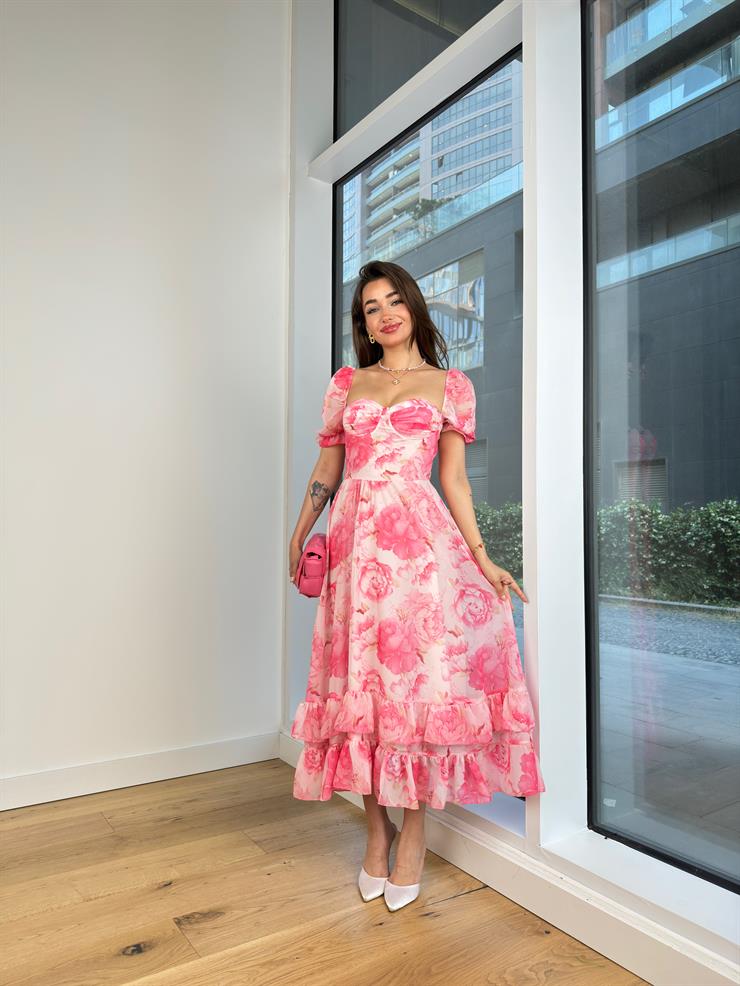 Göğüs Kısmı Drapeli Balon Kol Kailan Kadın Pembe Elbise 24Y658