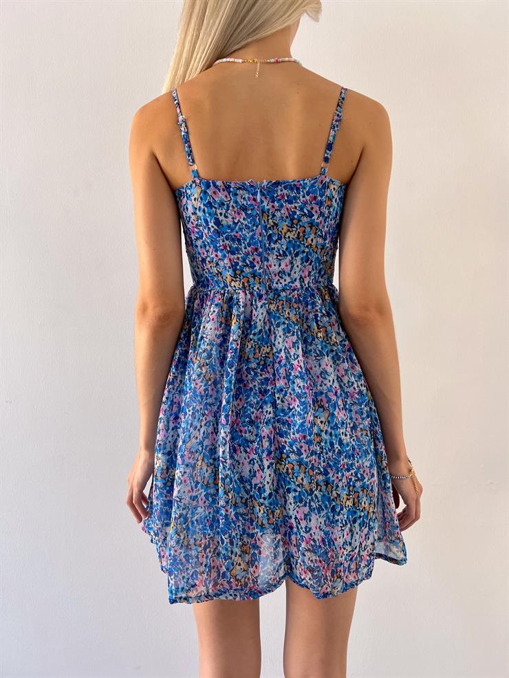 İnce Askılı Önü Fırfır Detaylı Kaitlyn Kadın Mavi Mini Elbise 23Y000573