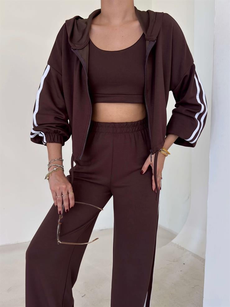 Yanı Çizgili Kapüşonlu İçi Crop Kaldire Kahve Kadın Üçlü Takım 26K096