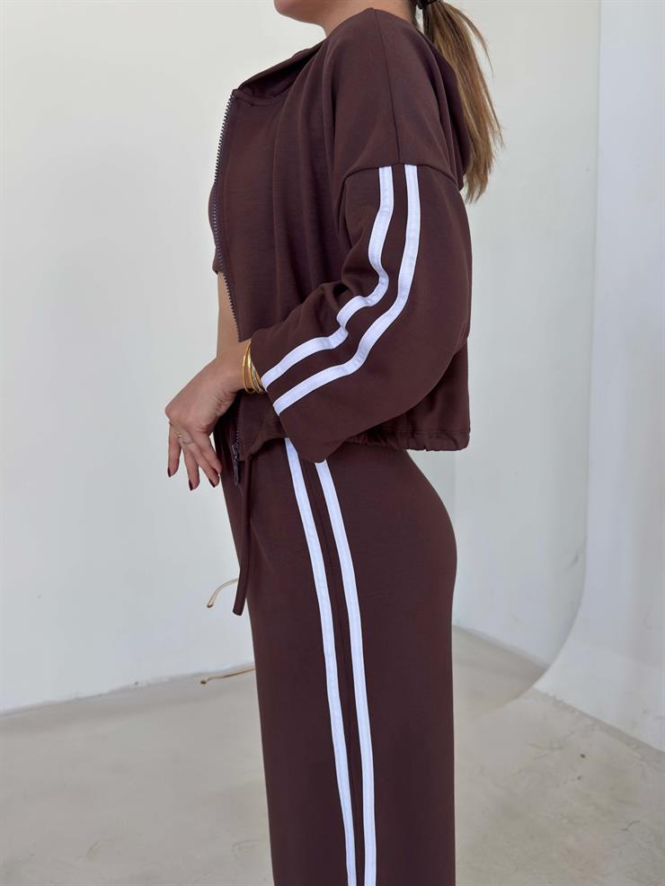 Yanı Çizgili Kapüşonlu İçi Crop Kaldire Kahve Kadın Üçlü Takım 26K096