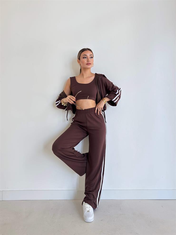 Yanı Çizgili Kapüşonlu İçi Crop Kaldire Kahve Kadın Üçlü Takım 26K096