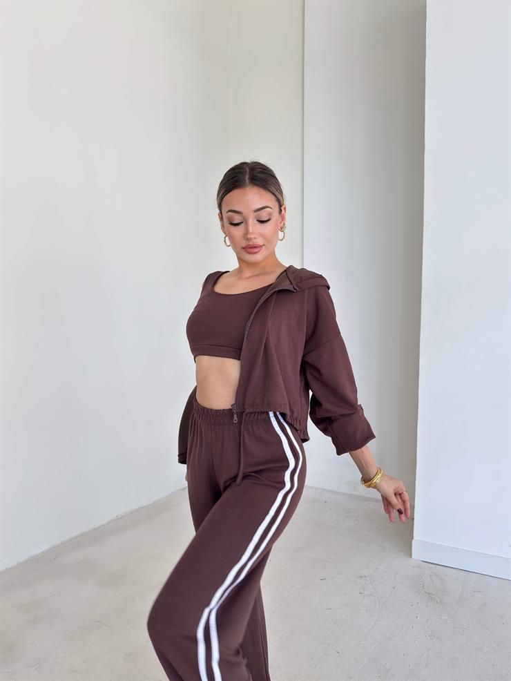 Yanı Çizgili Kapüşonlu İçi Crop Kaldire Kahve Kadın Üçlü Takım 26K096