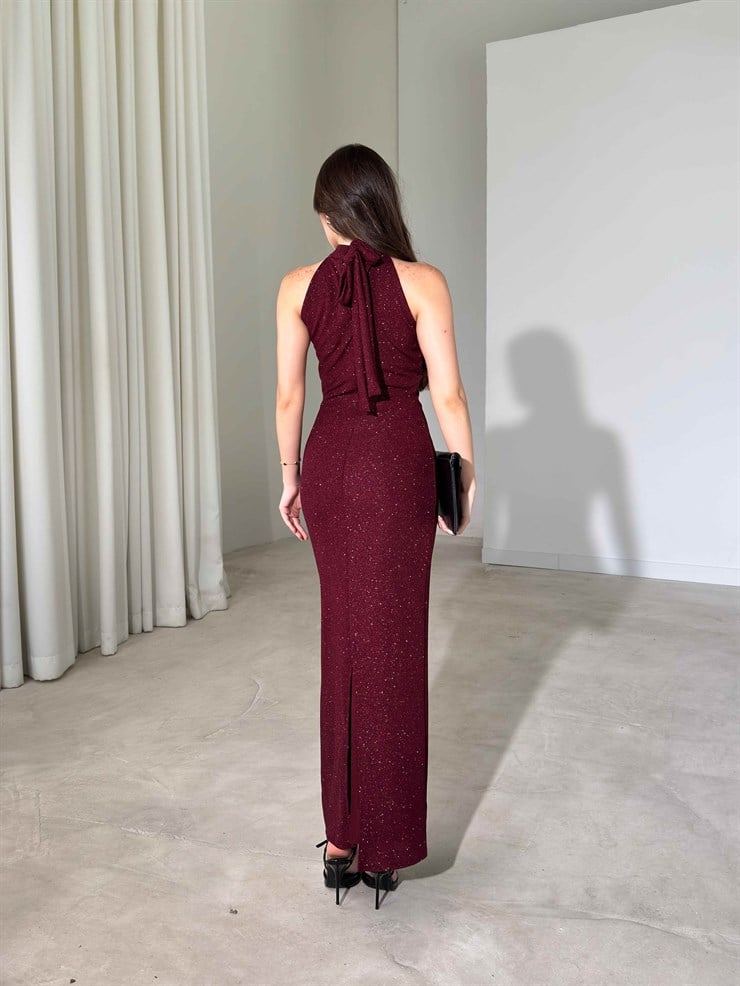 Boyundan Bağlamalı Halter Yaka Parıltılı Maxi Boy Bordo Kaley Kadın Elbise 26Y450