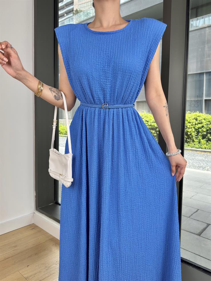 Yuvarlak Yaka Beli Kemerli Kalimda Saks Kadın Elbise 25Y348