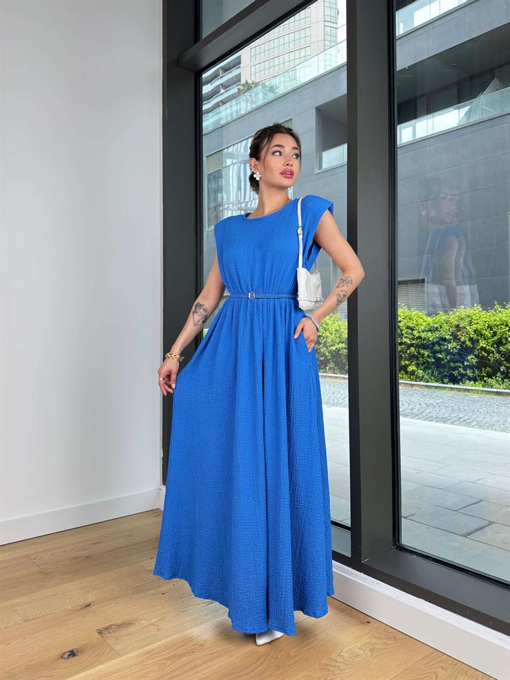 Yuvarlak Yaka Beli Kemerli Kalimda Saks Kadın Elbise 25Y348