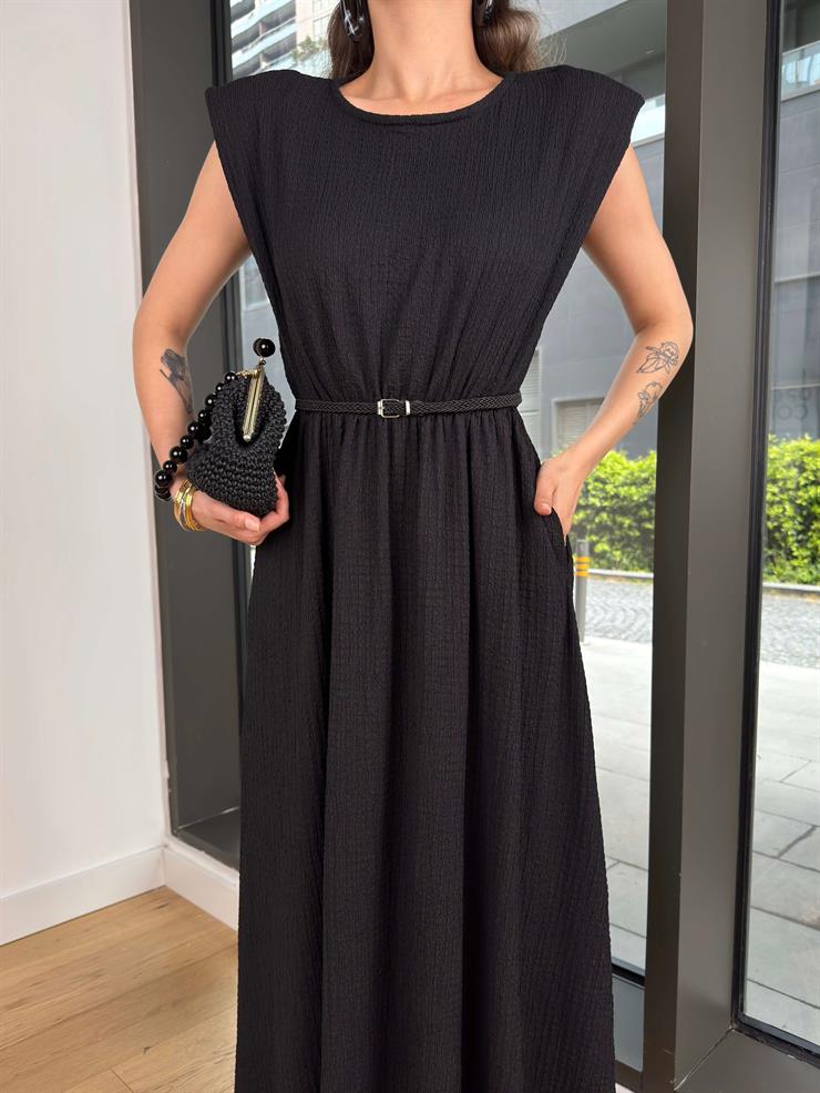 Yuvarlak Yaka Beli Kemerli Kalimda Siyah Kadın Elbise 25Y348