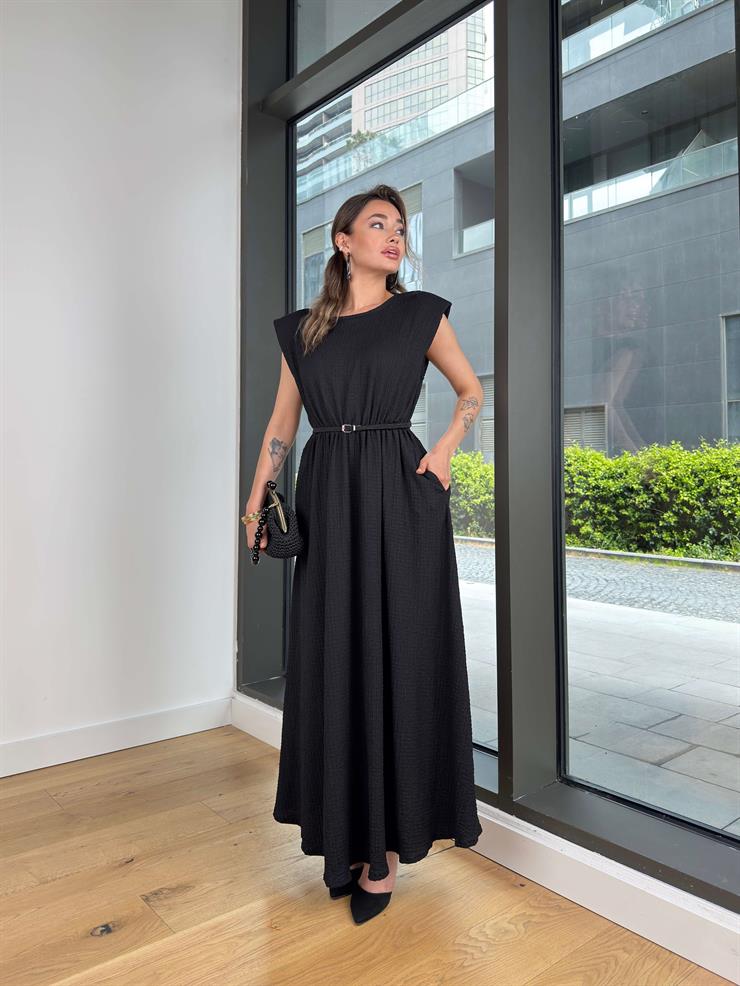 Yuvarlak Yaka Beli Kemerli Kalimda Siyah Kadın Elbise 25Y348