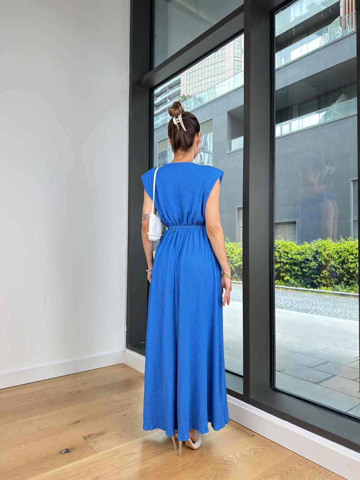 Yuvarlak Yaka Beli Kemerli Kalimda Saks Kadın Elbise 25Y348