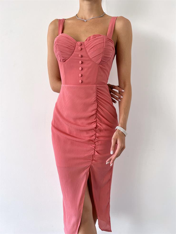 Kalın Askı Drape Yandan Yırtmaçlı Ella Kadın Pudra Elbise 22K000530