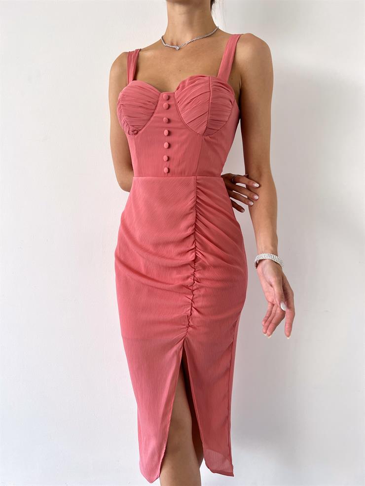 Kalın Askı Drape Yandan Yırtmaçlı Ella Kadın Pudra Elbise 22K000530