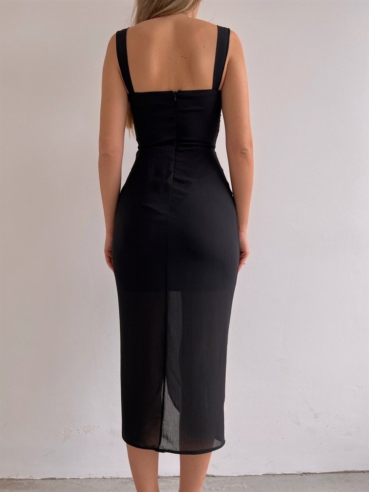 Kalın Askı Drape Yandan Yırtmaçlı Ella Kadın Siyah Elbise 22K000530