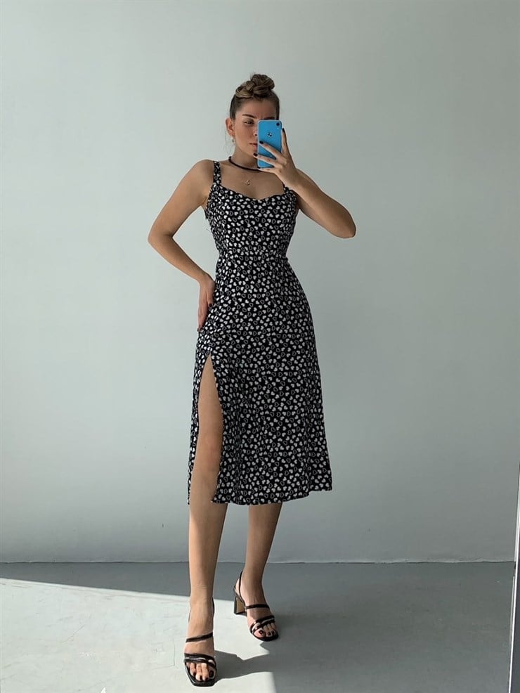 Kalın Askı Kalp Desenli Yırtmaçlı Kadın Siyah Midi Elbise 21Y000342