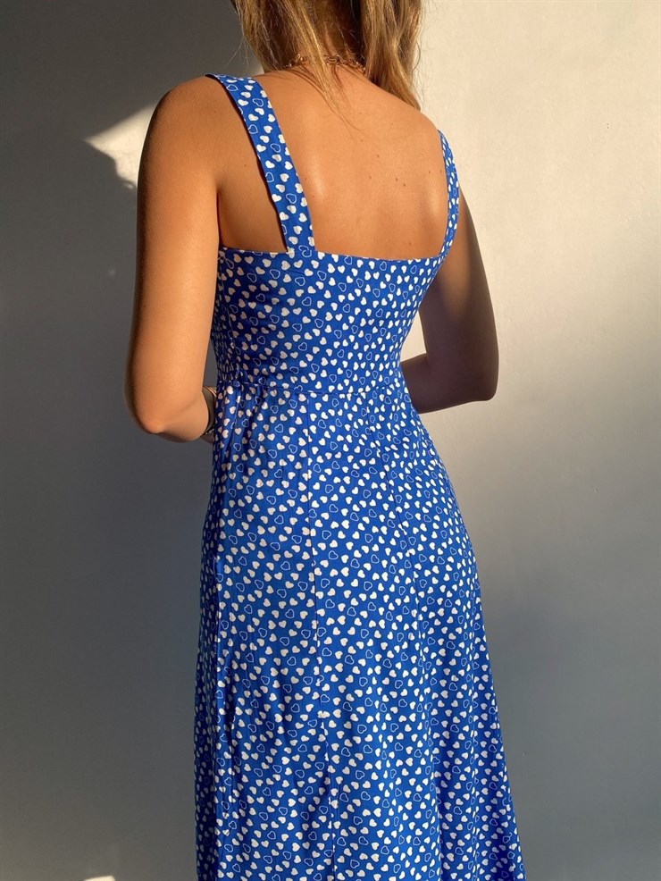 Kalın Askı Kalp Desenli Yırtmaçlı Kadın Saks Midi Elbise 21Y000342