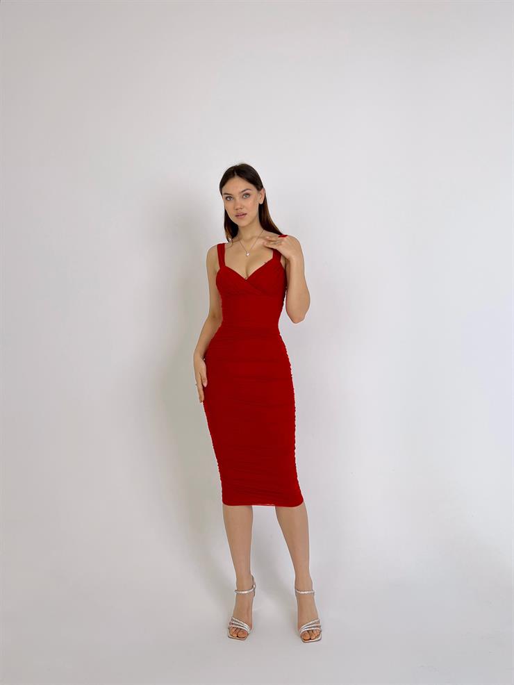 Kalın Askı Kalp Yaka Drapeli Tamia Kadın Kırmızı Midi Elbise 23Y000029