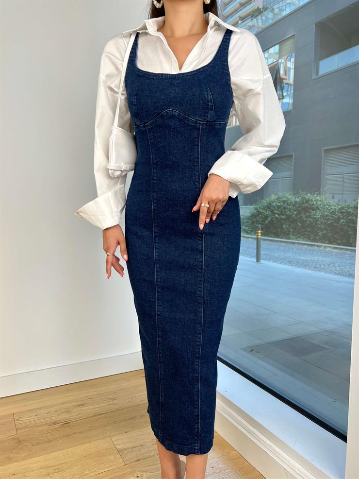 Kalın Askılı Arkası Fermuar Ve Yırtmaçlı Azimute Kadın Mavi Kalem Elbise 24k000165