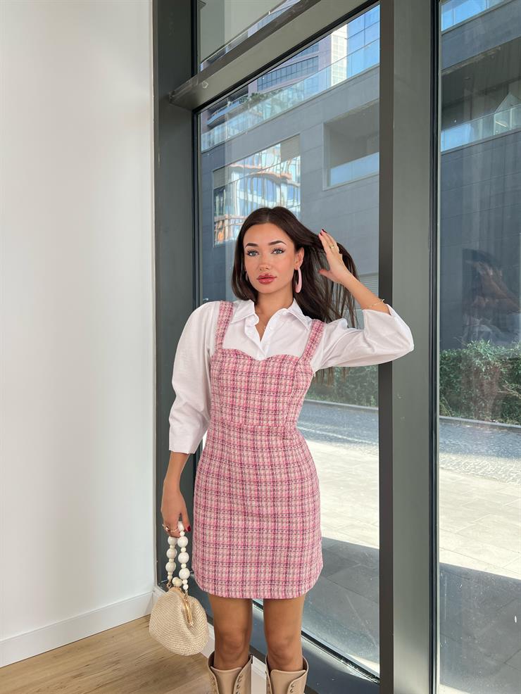 Kalın Askılı içi Gömlekli Jefferson Kadın Pembe Tüvit Mini Elbise 24k000093