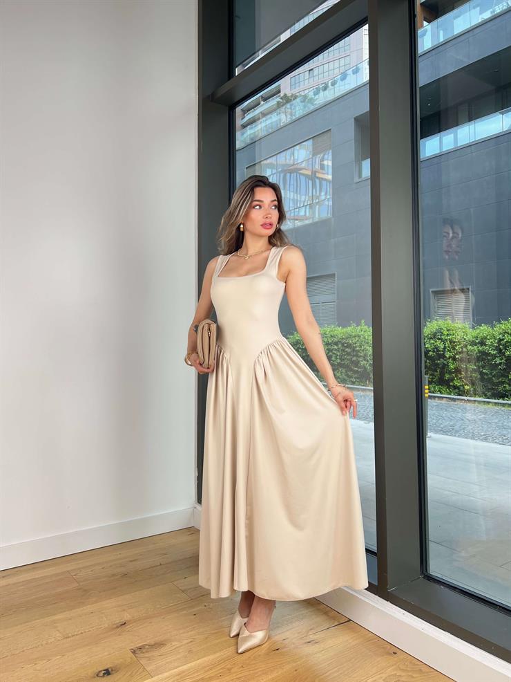 Kalın Askılı Kare Yaka Noller Bej Elbise 25Y364