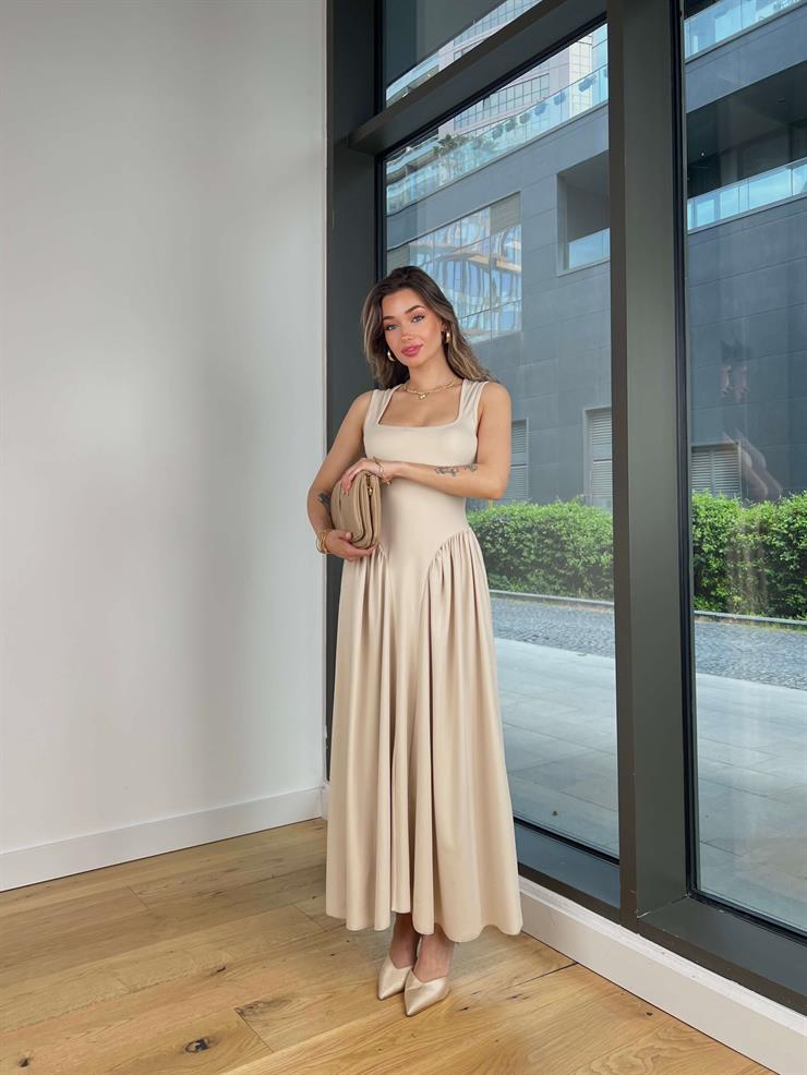 Kalın Askılı Kare Yaka Noller Bej Elbise 25Y364