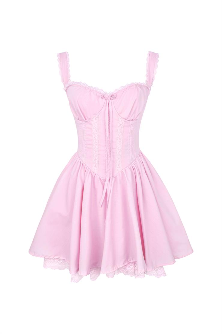 Kalın Askılı Önü Bağlama Detaylı Belden Oturtmalı Minda Pembe Kadın Dantel Detaylı Mini Elbise 24Y483