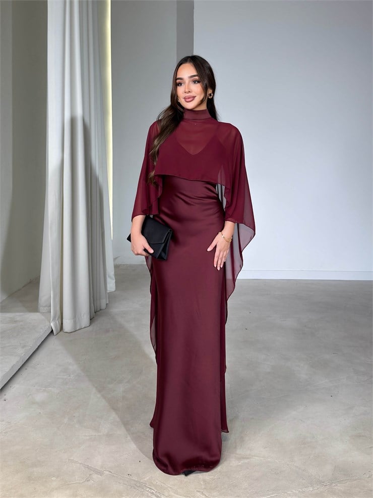 Tül Pelerinli Saten İnce Askılı Maxi Boy Bordo Kalina Kadın Elbise 26Y683